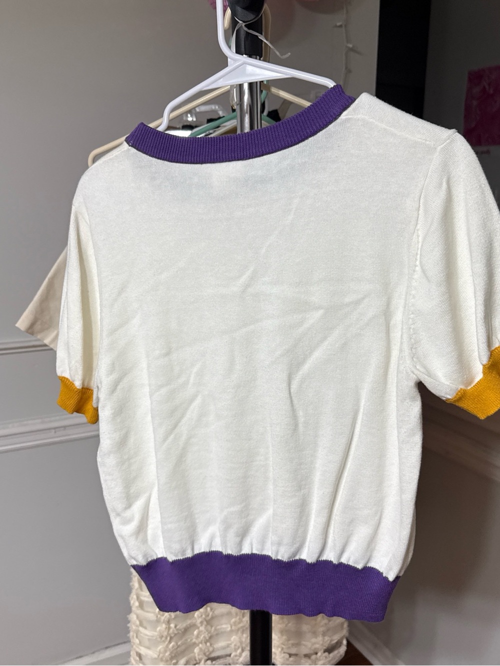 QUEEN OF SPARKLES White Short Sleeve Tee with Purple & Gold Trim - Picture 3 of 3